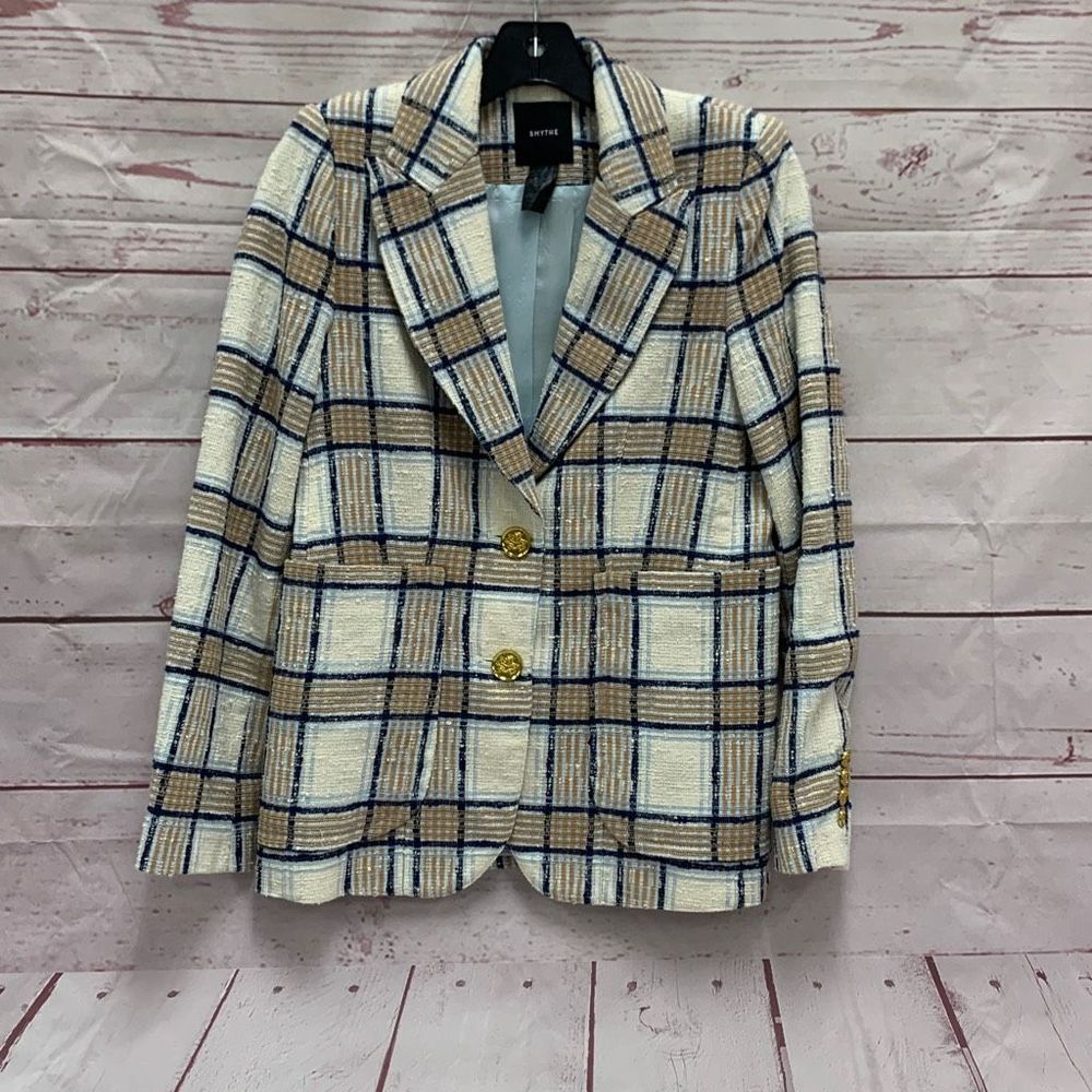Smythe / Portrait Neck Blazer in Chesterfield Plaid Blue Beige Tweed Button 8